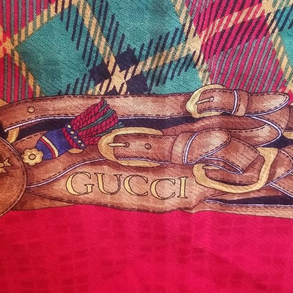 Auth. Gucci Wool/Silk Buggie & Tartan Plaid Extra Large Scarf 52" X 52" Raw Hem - Picture 1 of 8